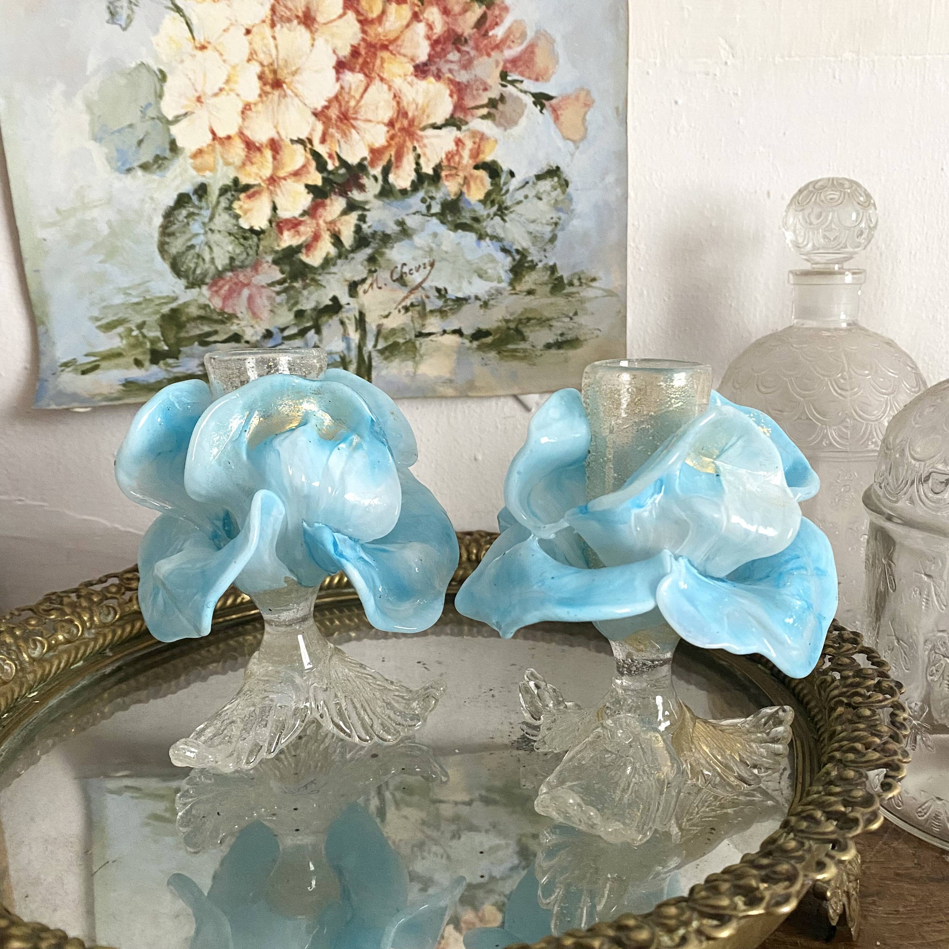 Pair of Murano glass candlesticks, iris flowers, 1960s