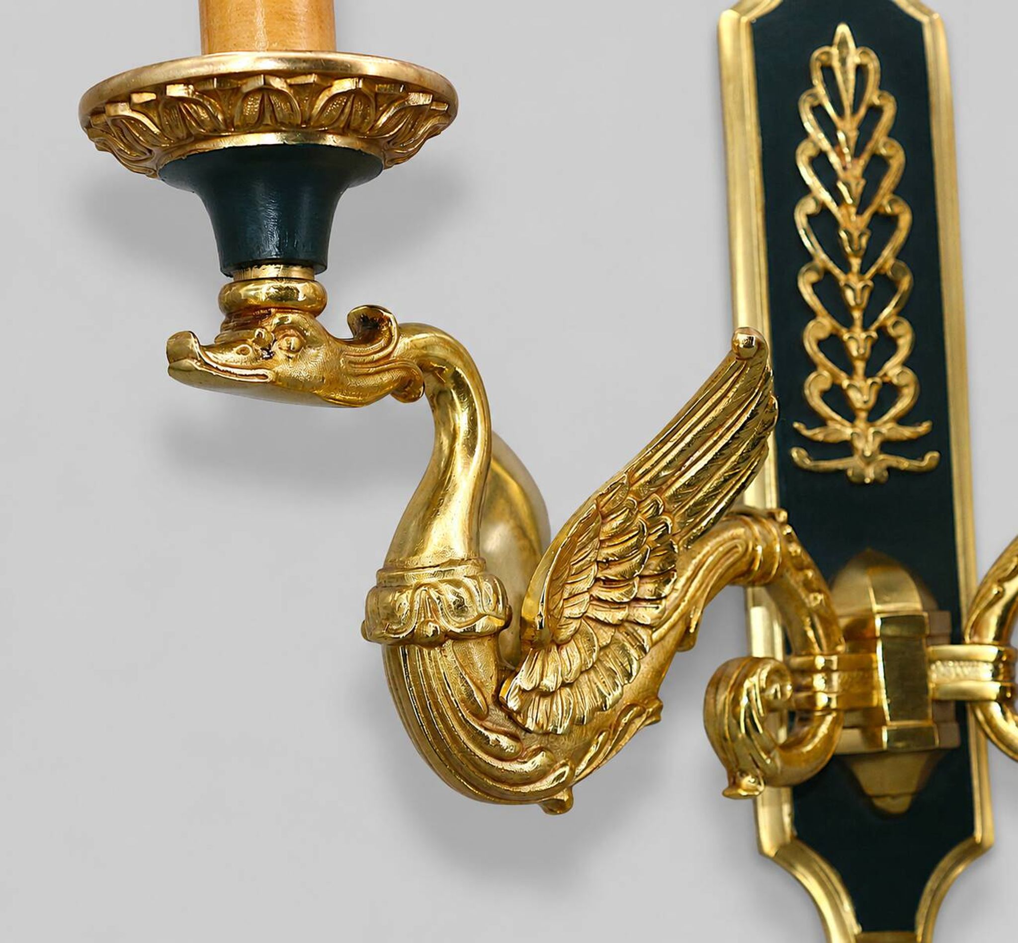 Pair of Gilded Bronze Wall Lights in Empire Style with Two Lights by Lucien Gau