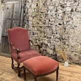 Armchair Voltaire or shepherdess and foot rest in pink velvet Louis XVI