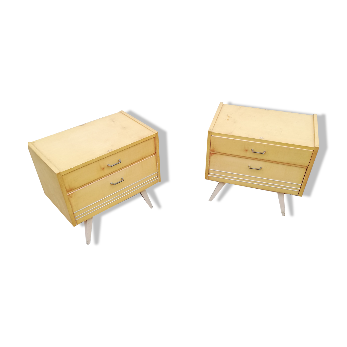 Paire de chevets vintage bois clair pieds compas