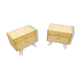 Pair of vintage bedside tables light wood compass feet