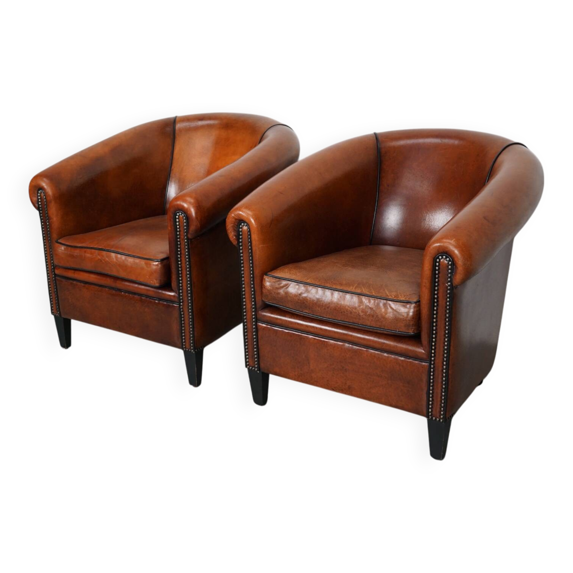 Vintage Dutch Cognac Colored Leather Club Chair, Set of 2