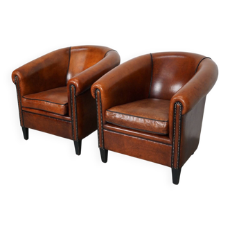 Fauteuil club vintage hollandais en cuir couleur cognac, lot de 2