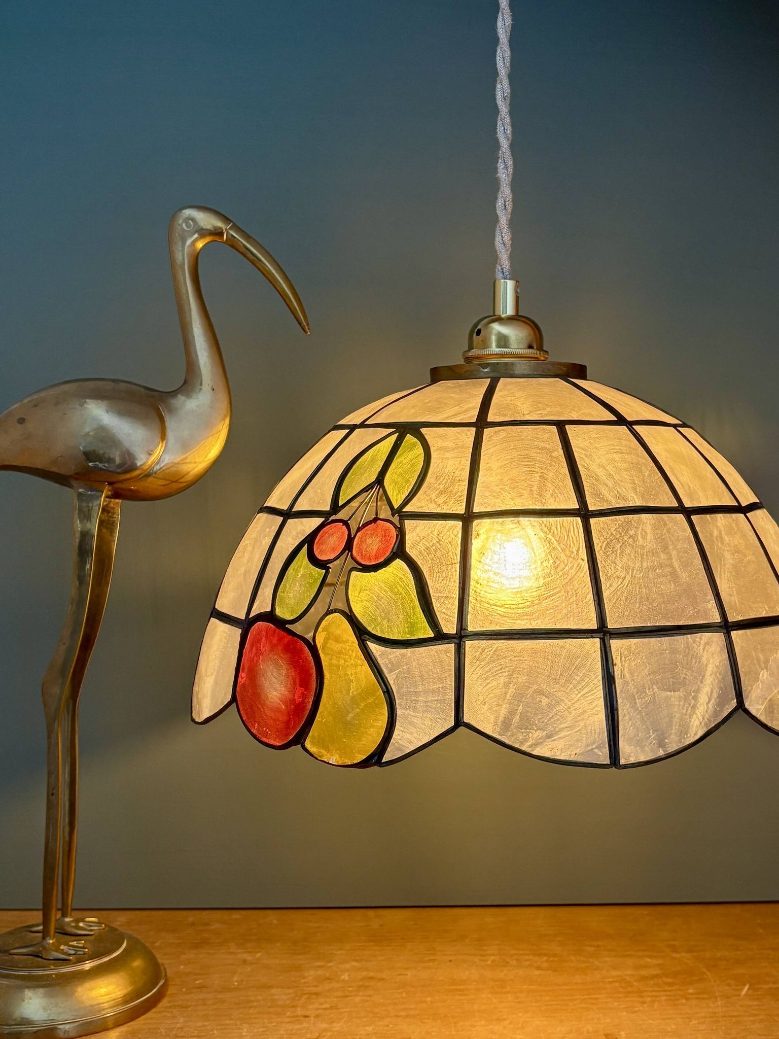 Vintage mother-of-pearl and brass pendant lampshade with fruit decorations