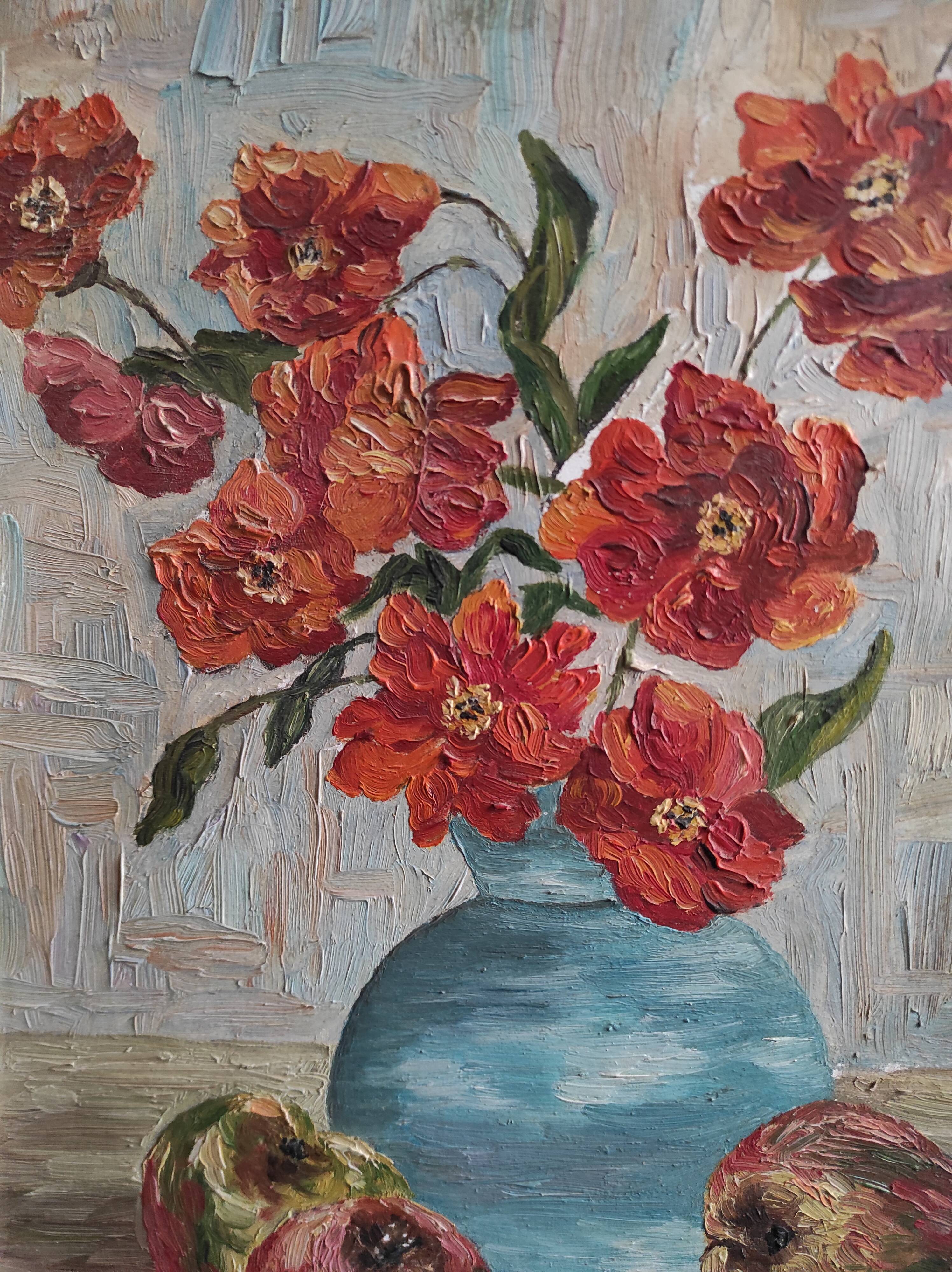 Vintage French oil painting of flowers
