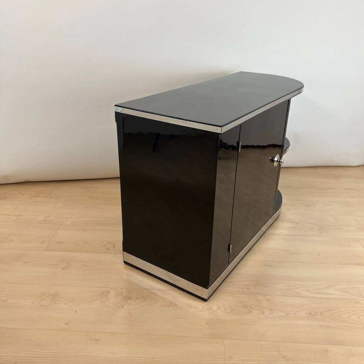 Art Deco Black Lacquered Lowboard with Chrome Fittings, France, 1930s