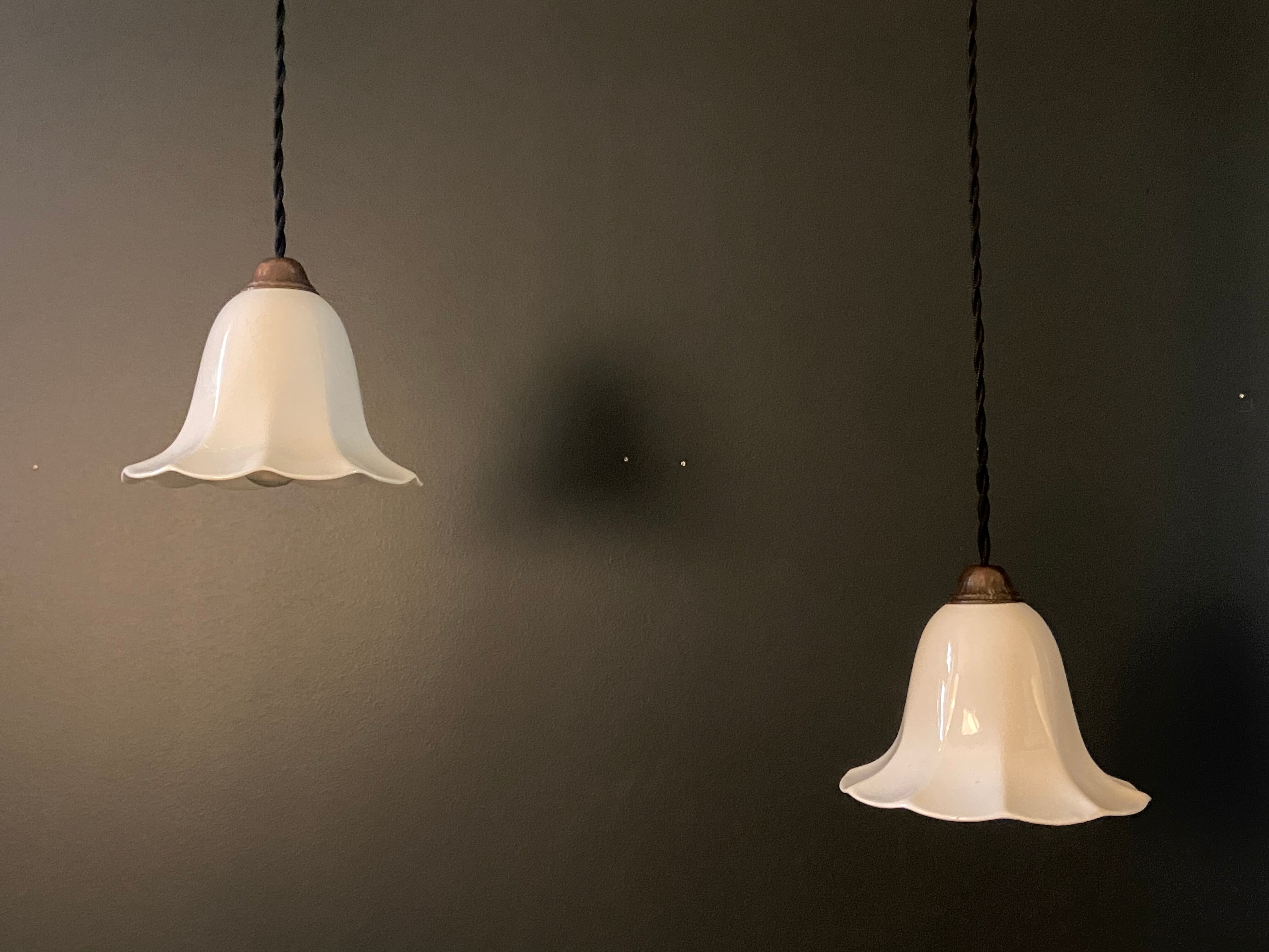 Pair of antique porcelain pendant lamps