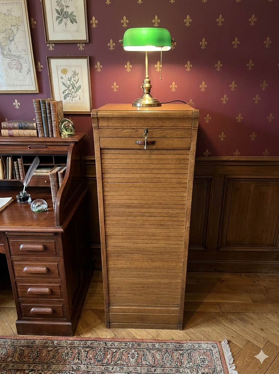 Art Deco curtain cabinet from the 1930s in oak with interior drawers, 120cm H.