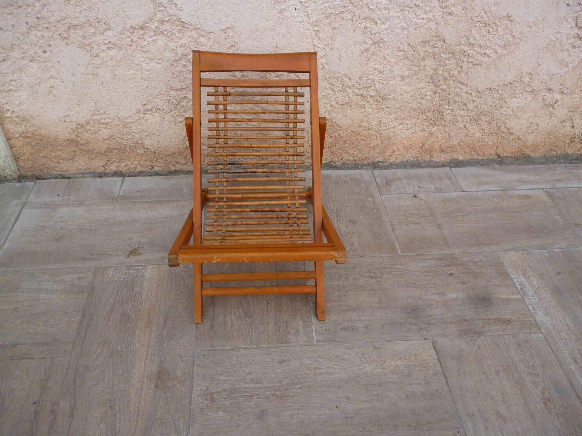 Children's lounger wooden deckchair and vintage foldable bamboo