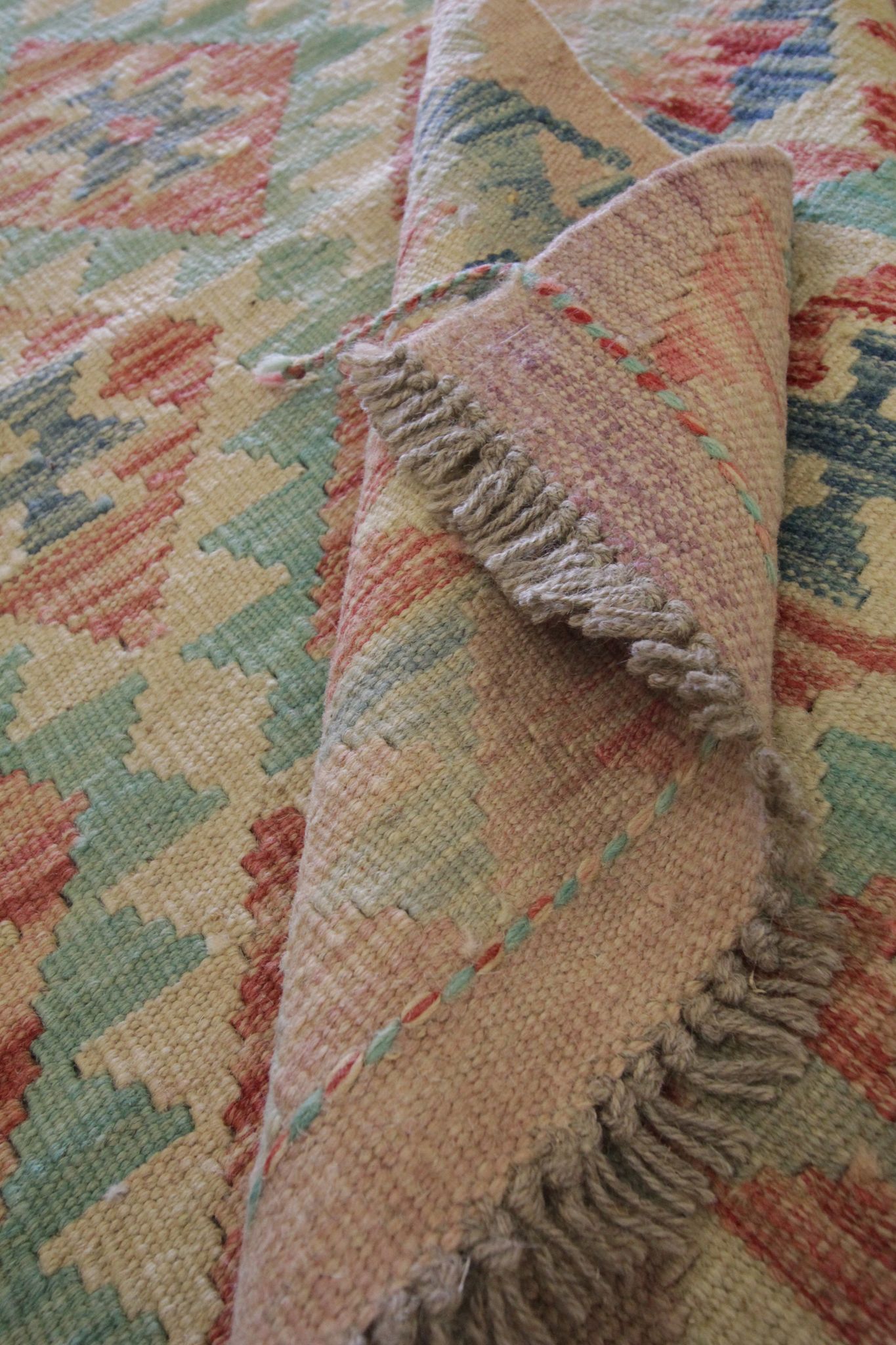 Tapis traditionnel oriental Kilim fait à la main laine beige géométrique Kilim- 60x89cm