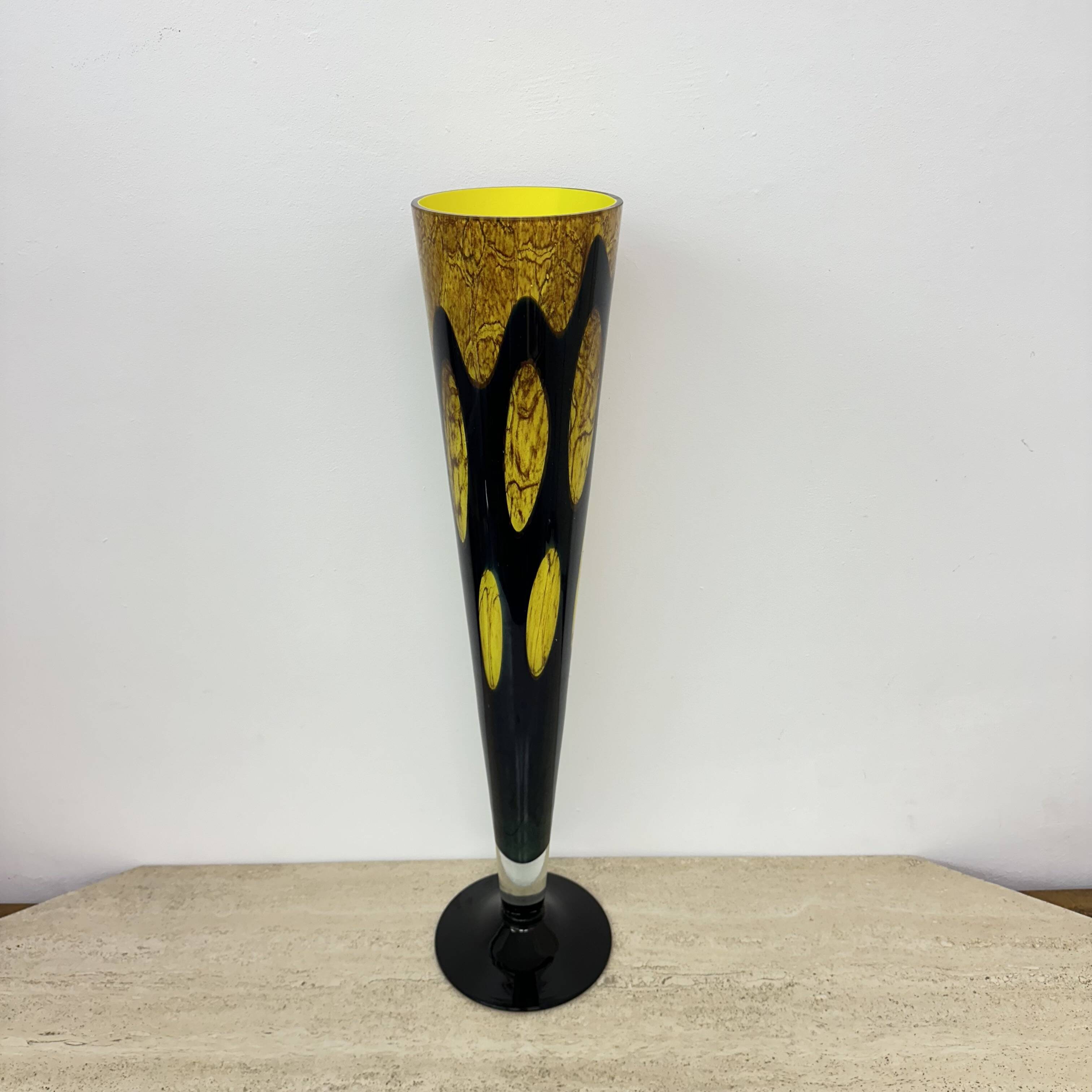 Large glass vase yellow and black , 1970s