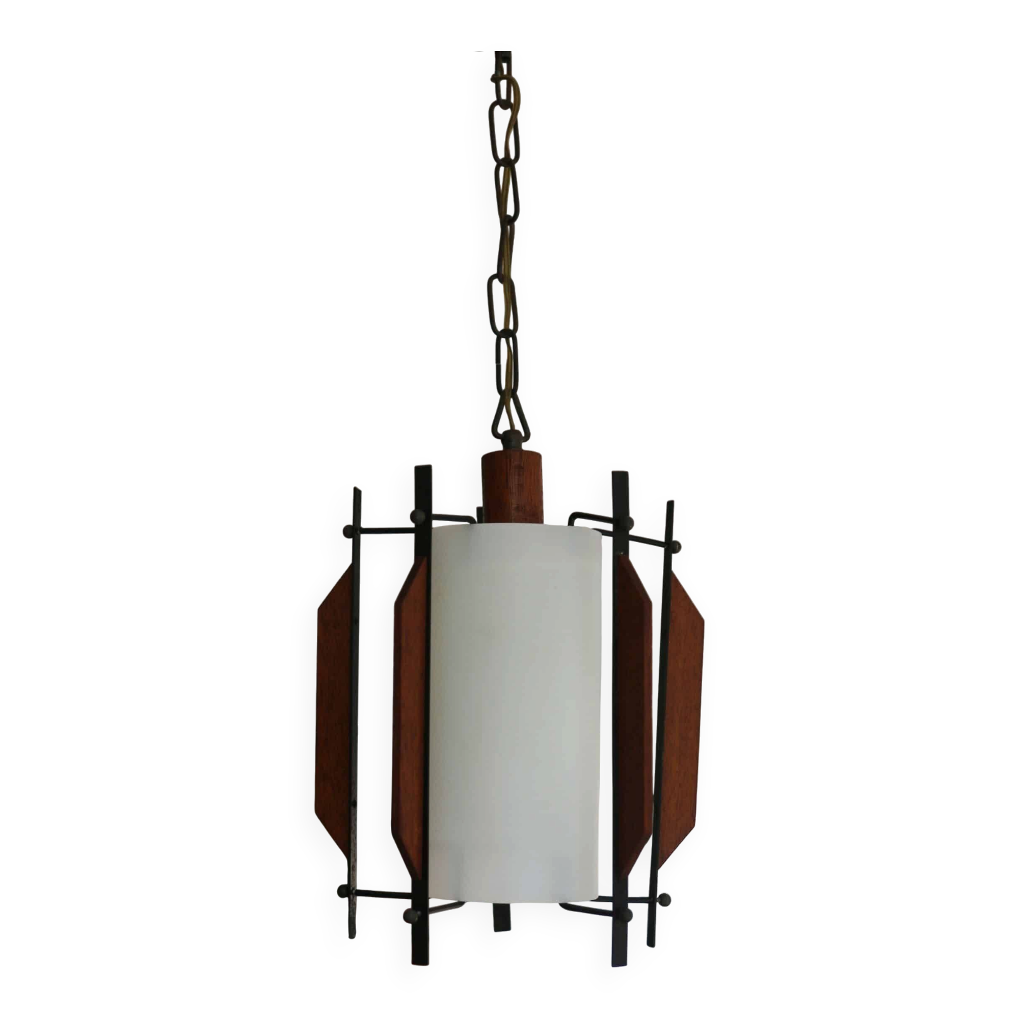 Suspension Mid-Century design italien, opalin-bois, années 50-60