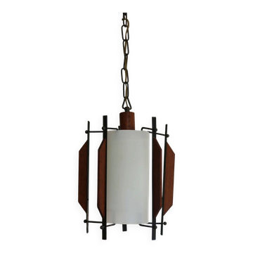 Suspension Mid-Century design italien, opalin-bois, années 50-60