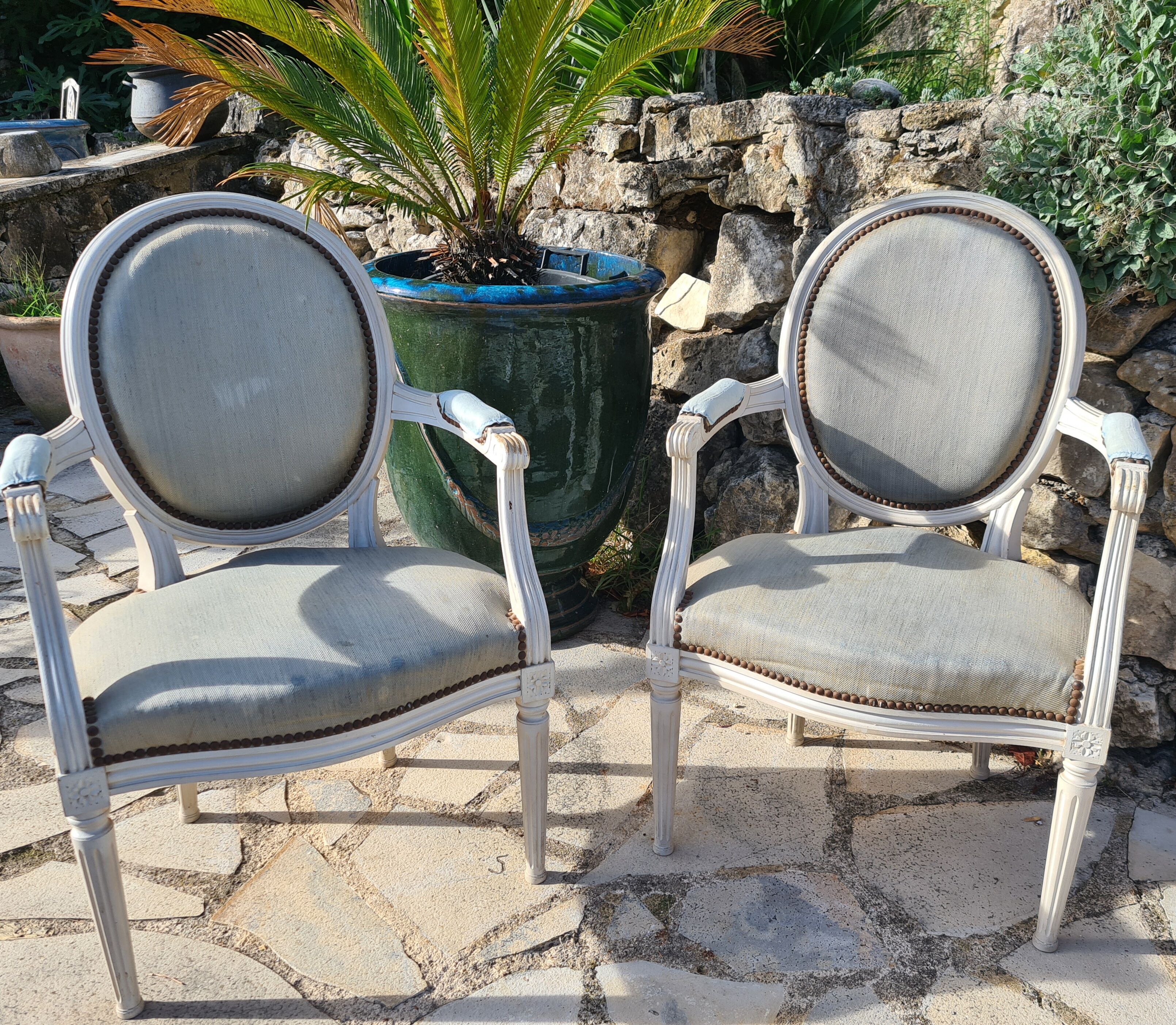 Pair of Louis XVI style medallion armchairs lacquered white