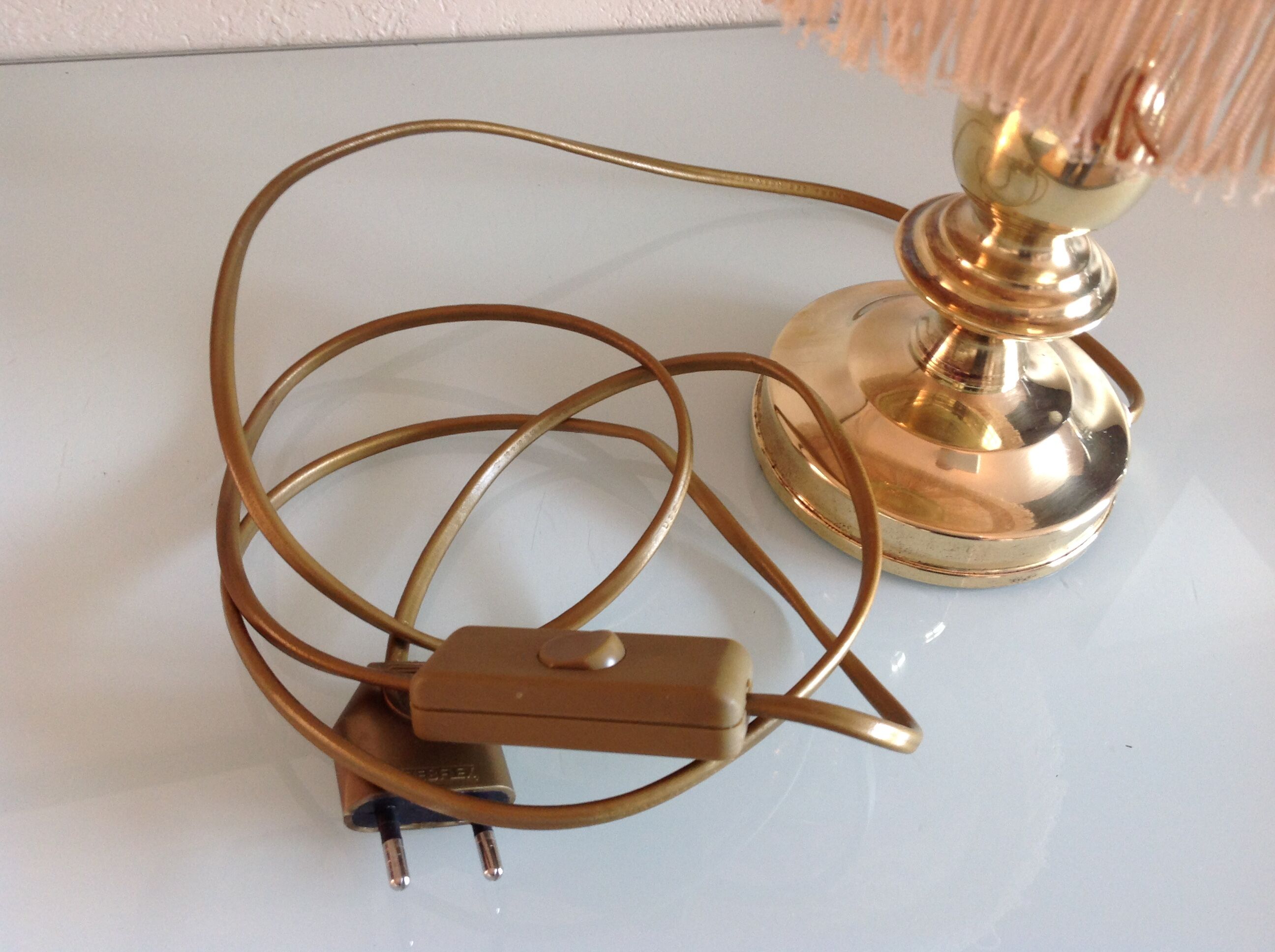 Brass bedside lamp and pink/vintage lampshade 60s-70s