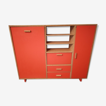 Armoire lit de poupées bois orange 1960 1970 matelas