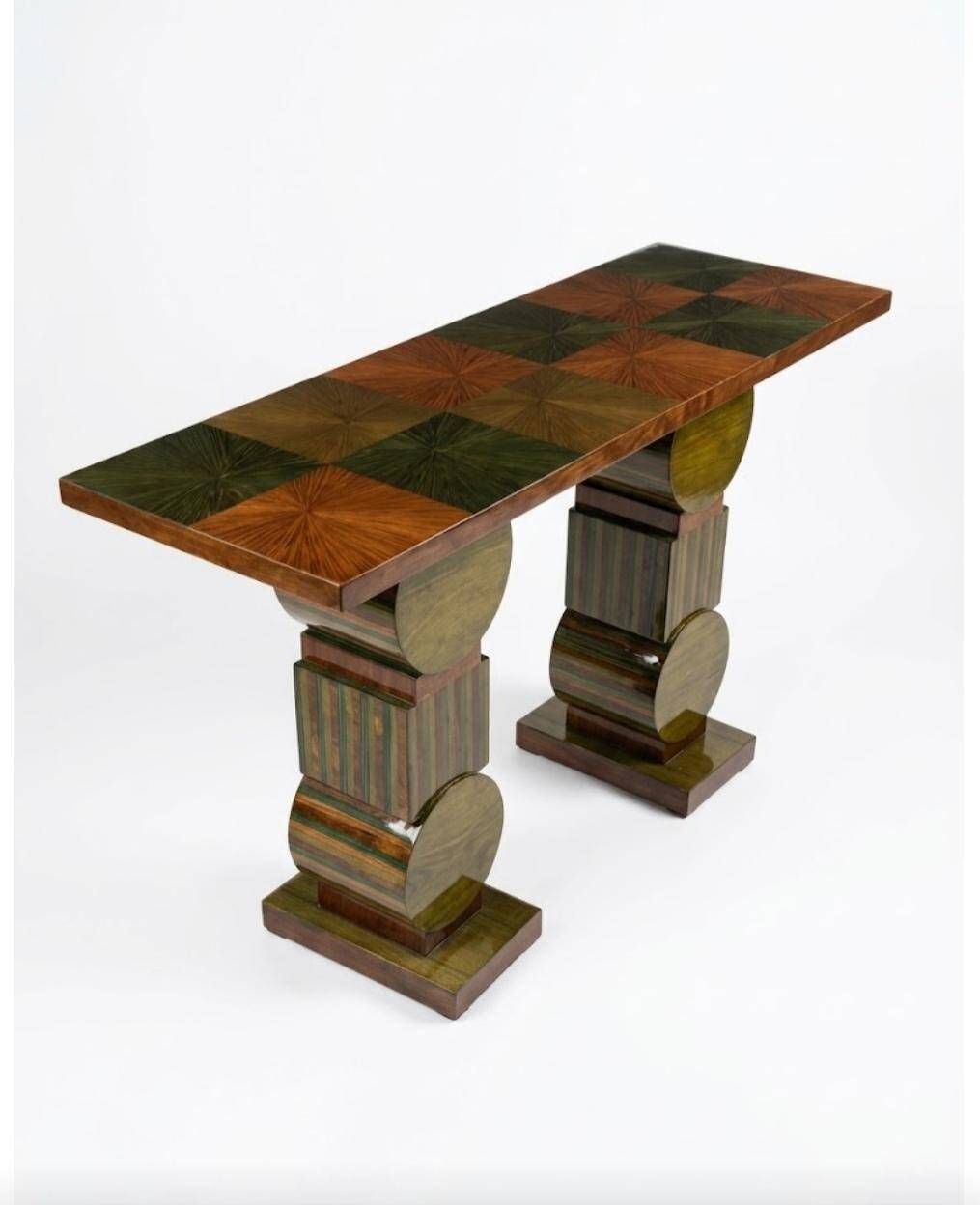Two ragmen & an Art Deco console table in marquetry and beech.