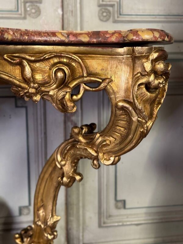 Importante Console Louis XV En Bois Sculpté Et Doré, Marbre Brèche D’alep,