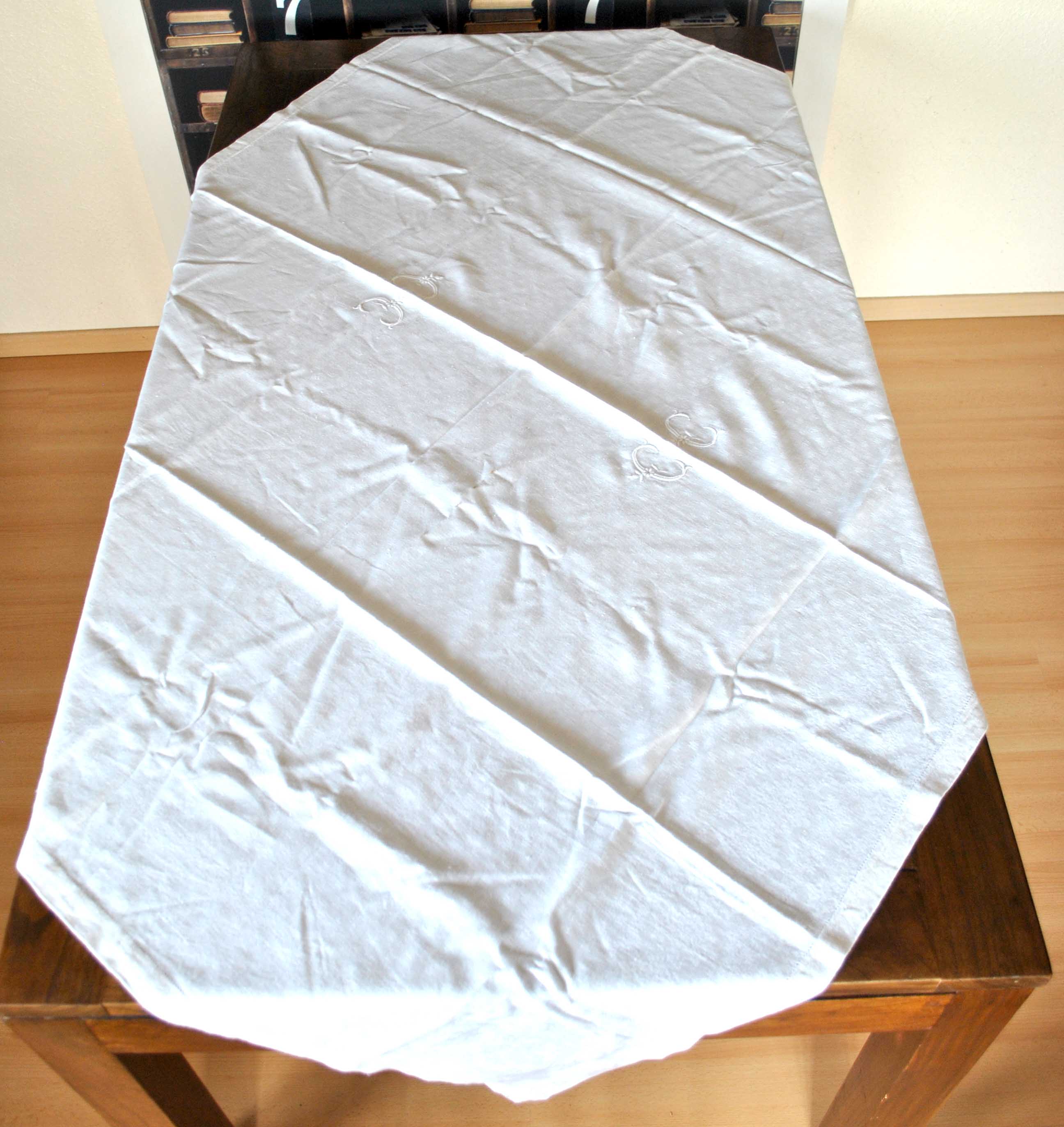 Vintage tablecloth in damask cotton white embroidered monogram CC 160x130 *D9*