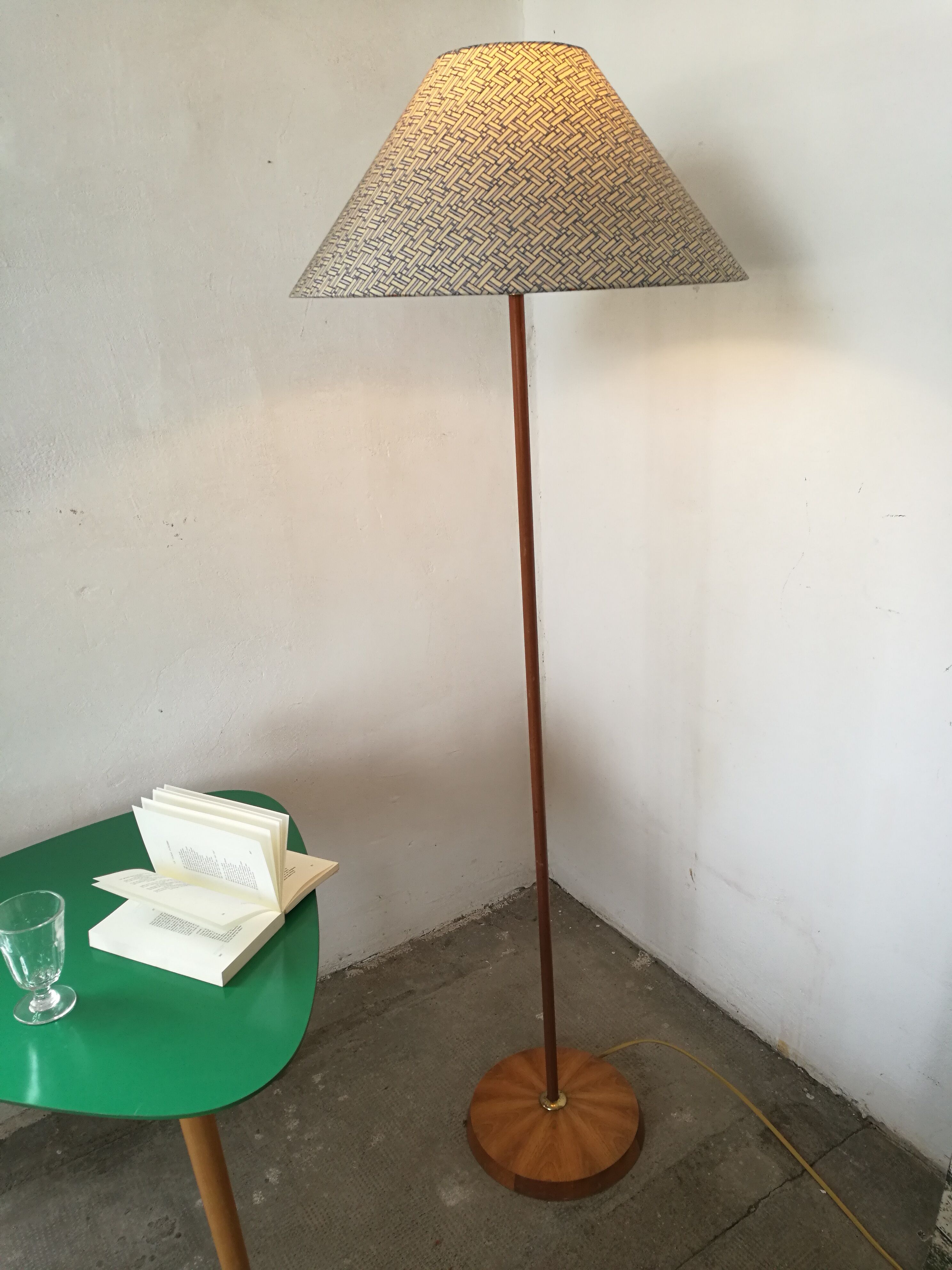 Wood and brass floor lamp