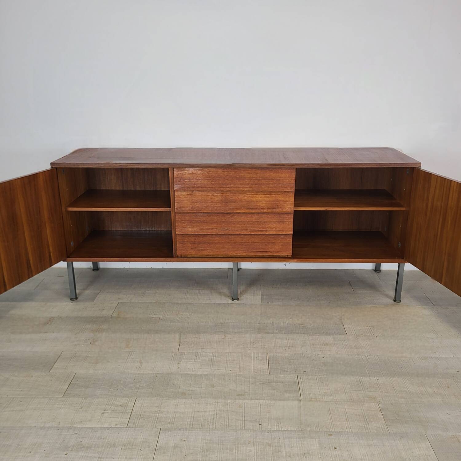 Modernist teak enfilade vintage 1960s design by Louis Paolozzi.