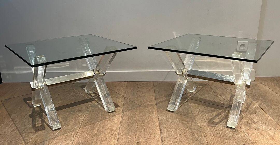 Pair of Plexiglass and Chrome Side Tables with X-shaped Legs, Work