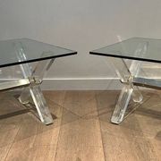 Paire de Bouts de Canapé en Plexiglass et Chrome à Piètement en X, Travail