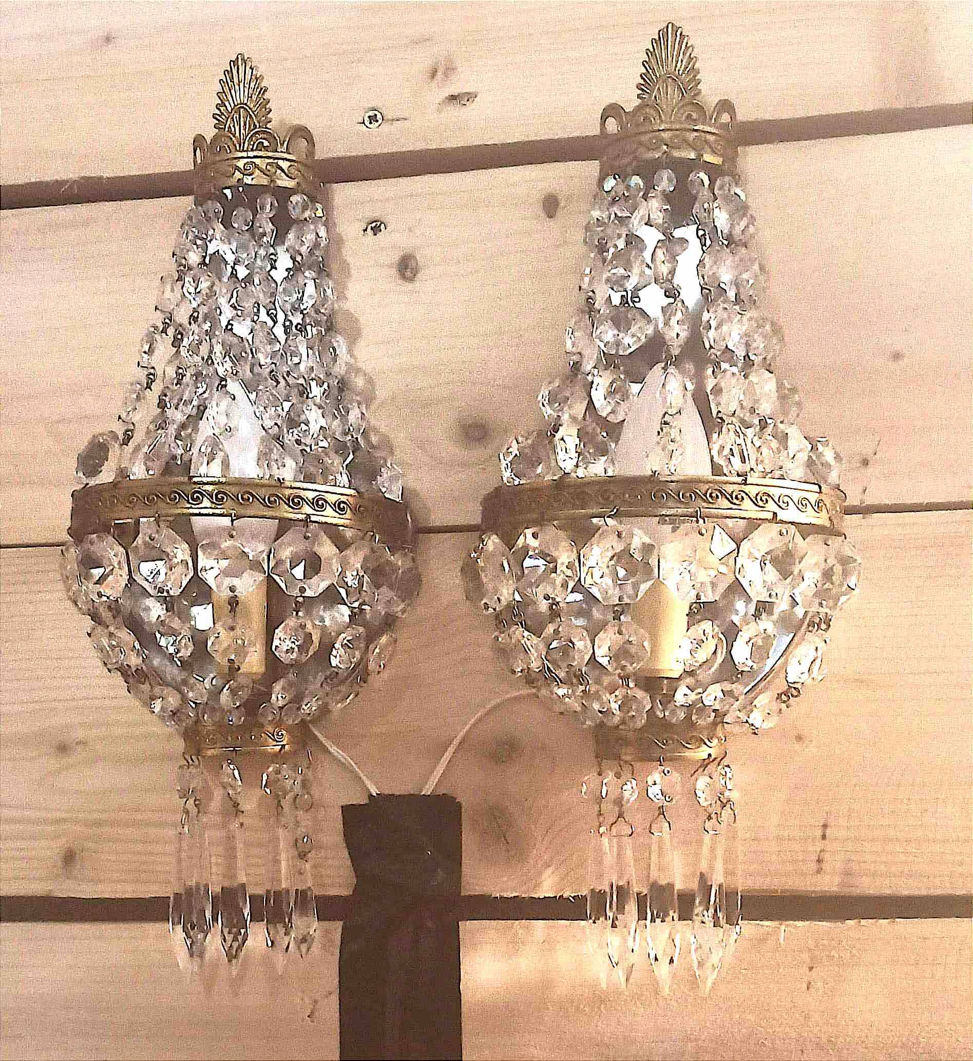 Pair of wall lights with crystal and brass tassels Height 36 cm