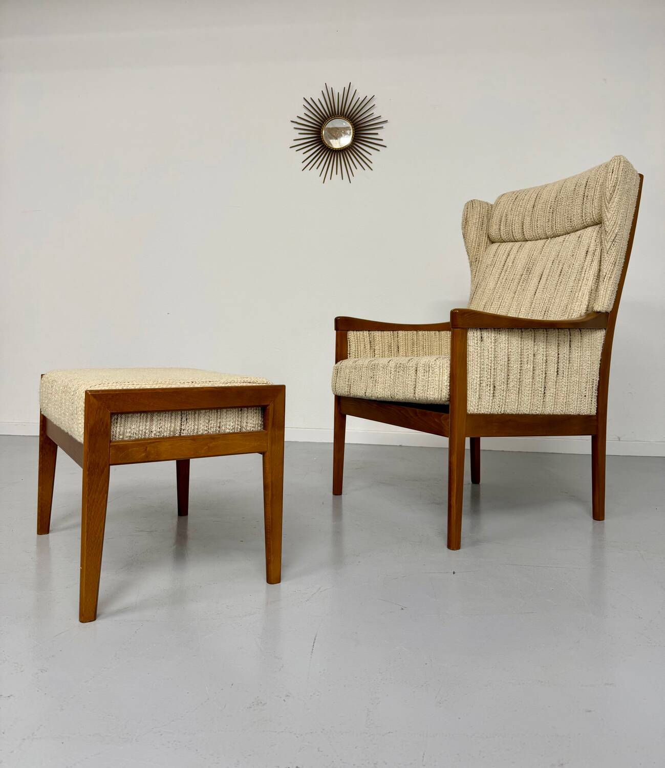 Vintage Casala wingback armchair with ottoman, 1970s design