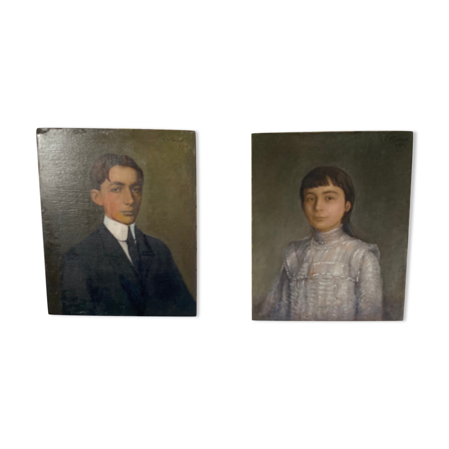 Portraits of young people oil on canvas signed 1914