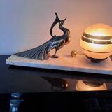 Art deco peacock lamp in regule on marble