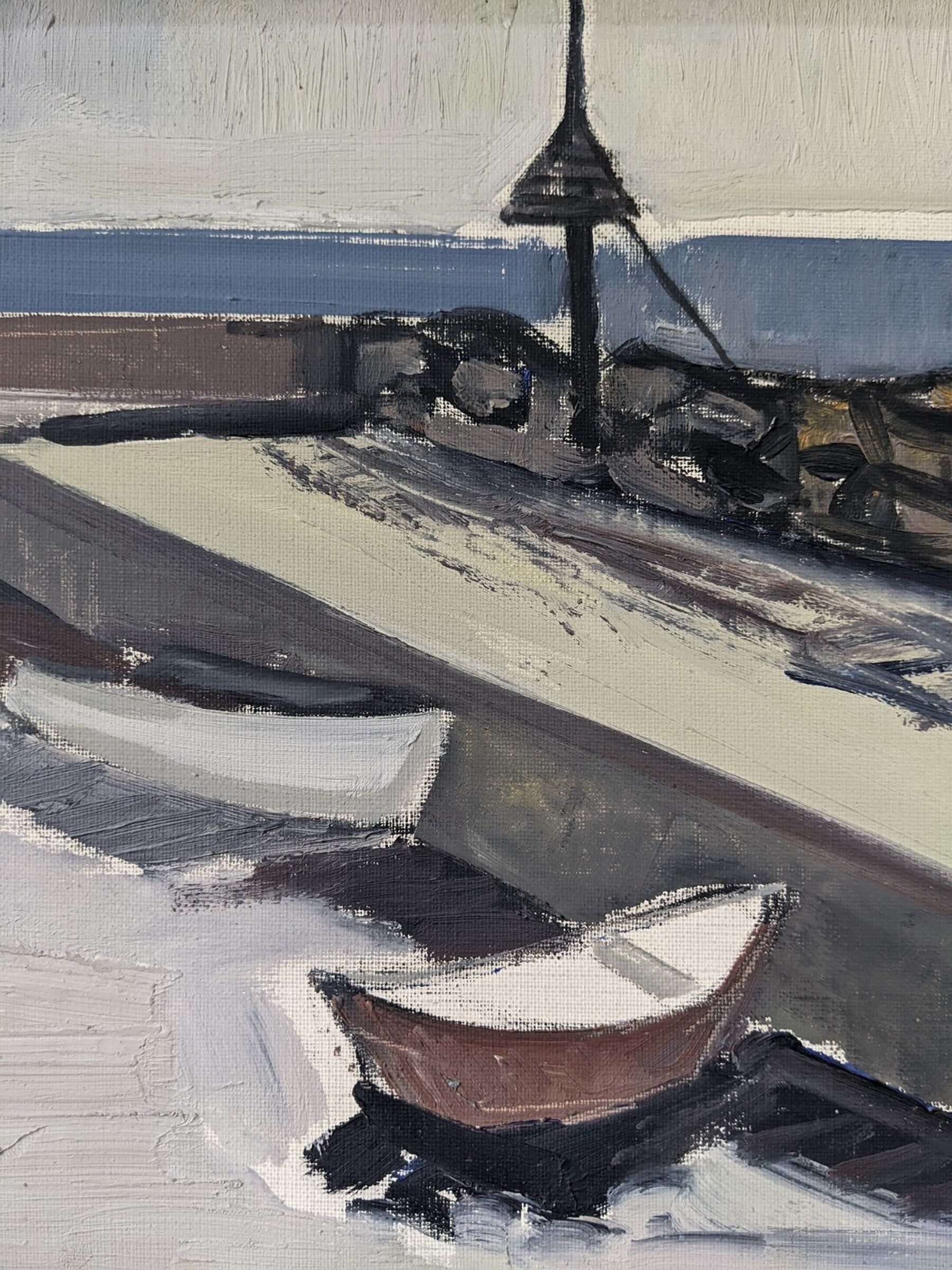 Mid-Century Modern Swedish "Boats at the Jetty" Vintage Coastal Landscape Oil Painting, Framed