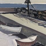 Mid-Century Modern Swedish "Boats at the Jetty" Vintage Coastal Landscape Oil Painting, Framed