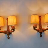Pair of two-armed art deco wall lights, carved wood, France, 1960