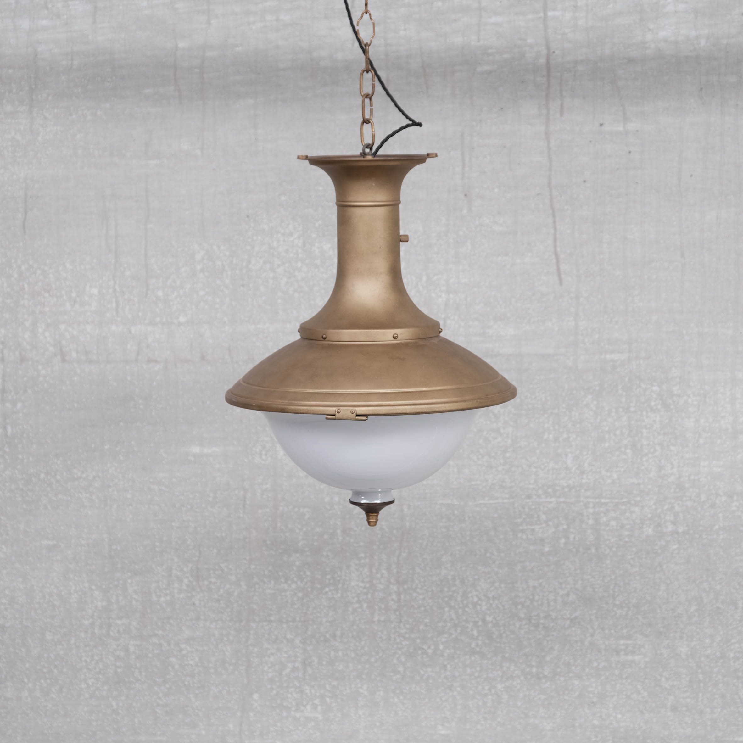 Pair of brass and opaline large pendant lights