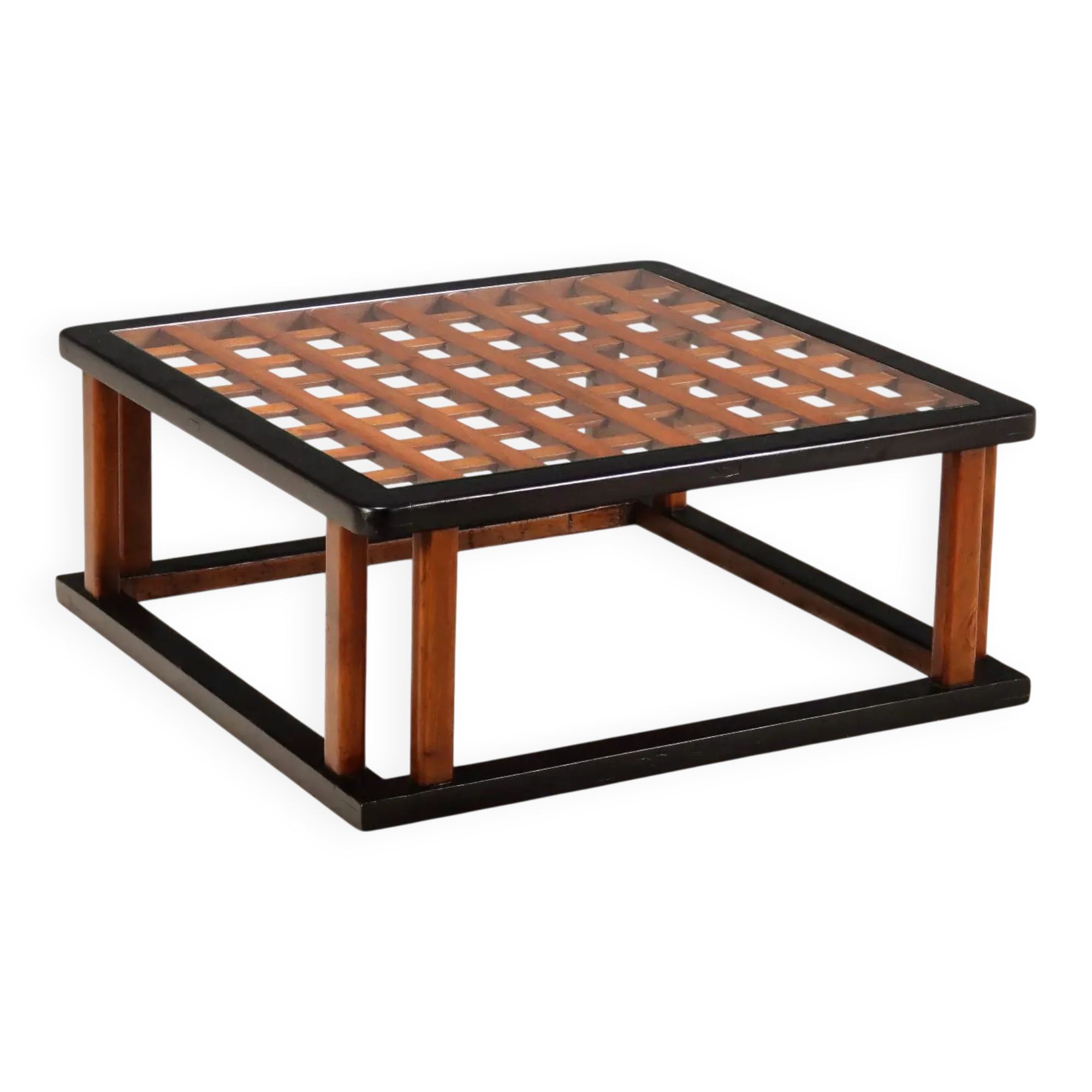 Vintage wooden coffee table with paint and glass, design from the 1940s-50s.