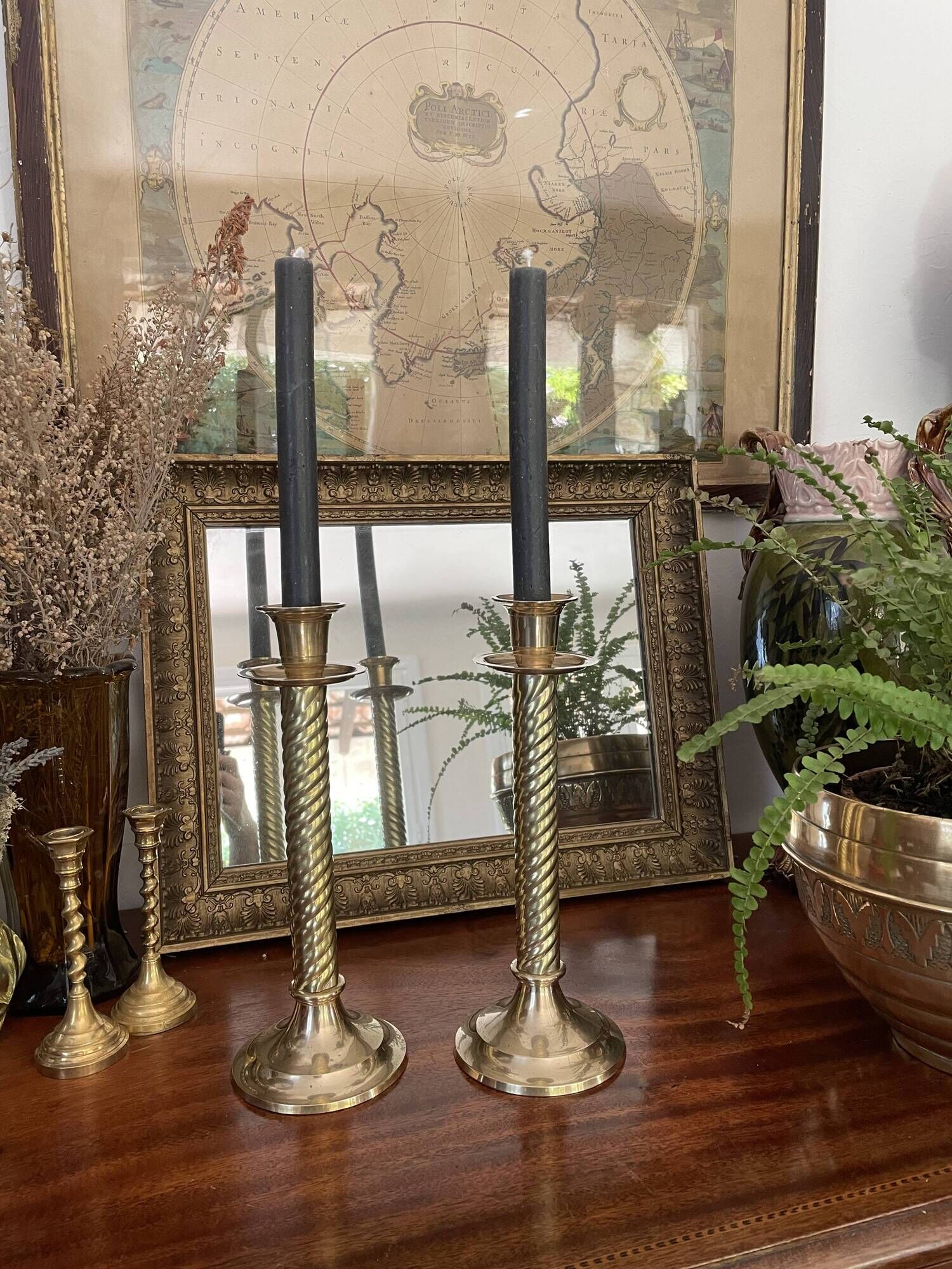 Pair of twisted brass column candle holders