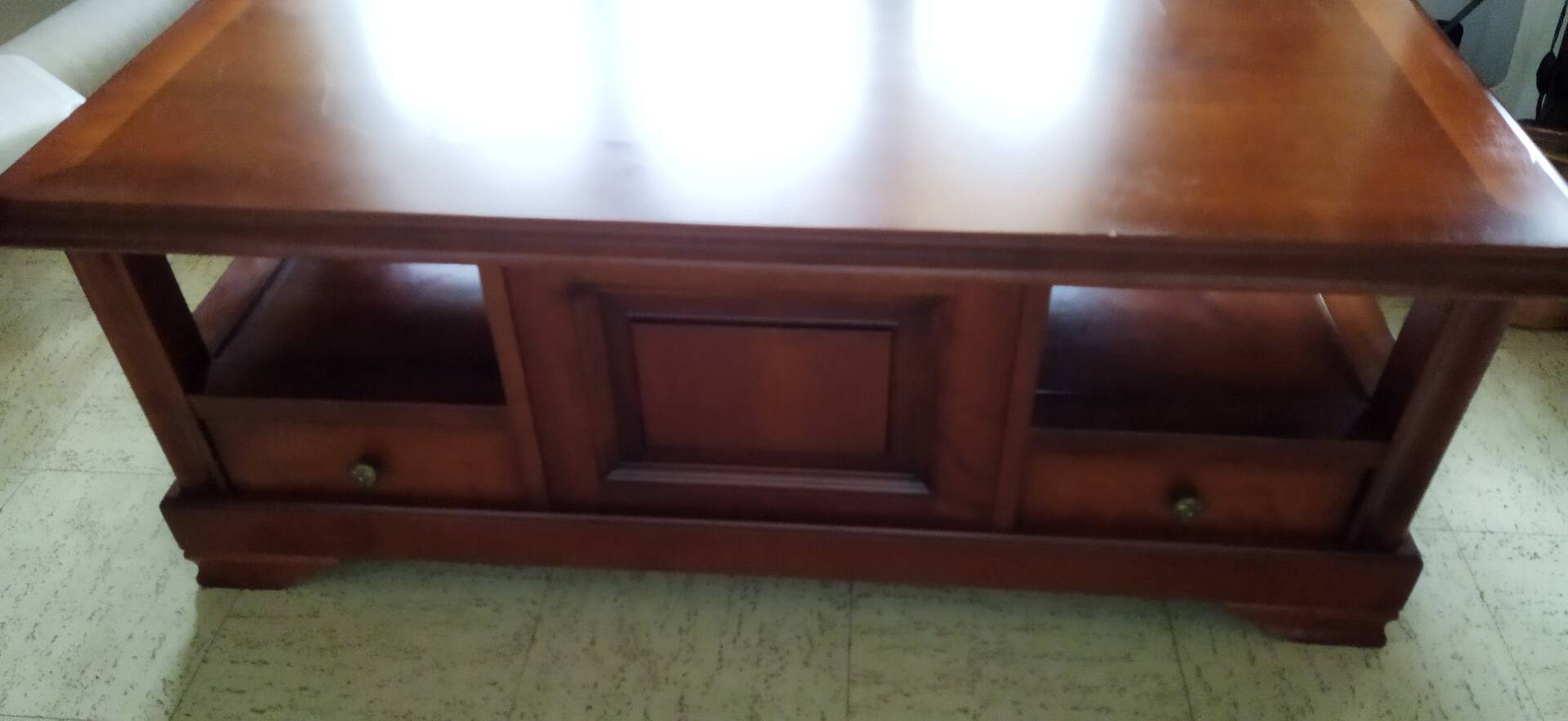 Louis Philippe style coffee table in cherry wood with large drawers.
