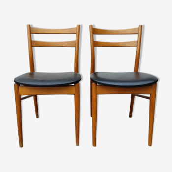 Pair of Scandinavian chairs in teak and black skaï, 60s