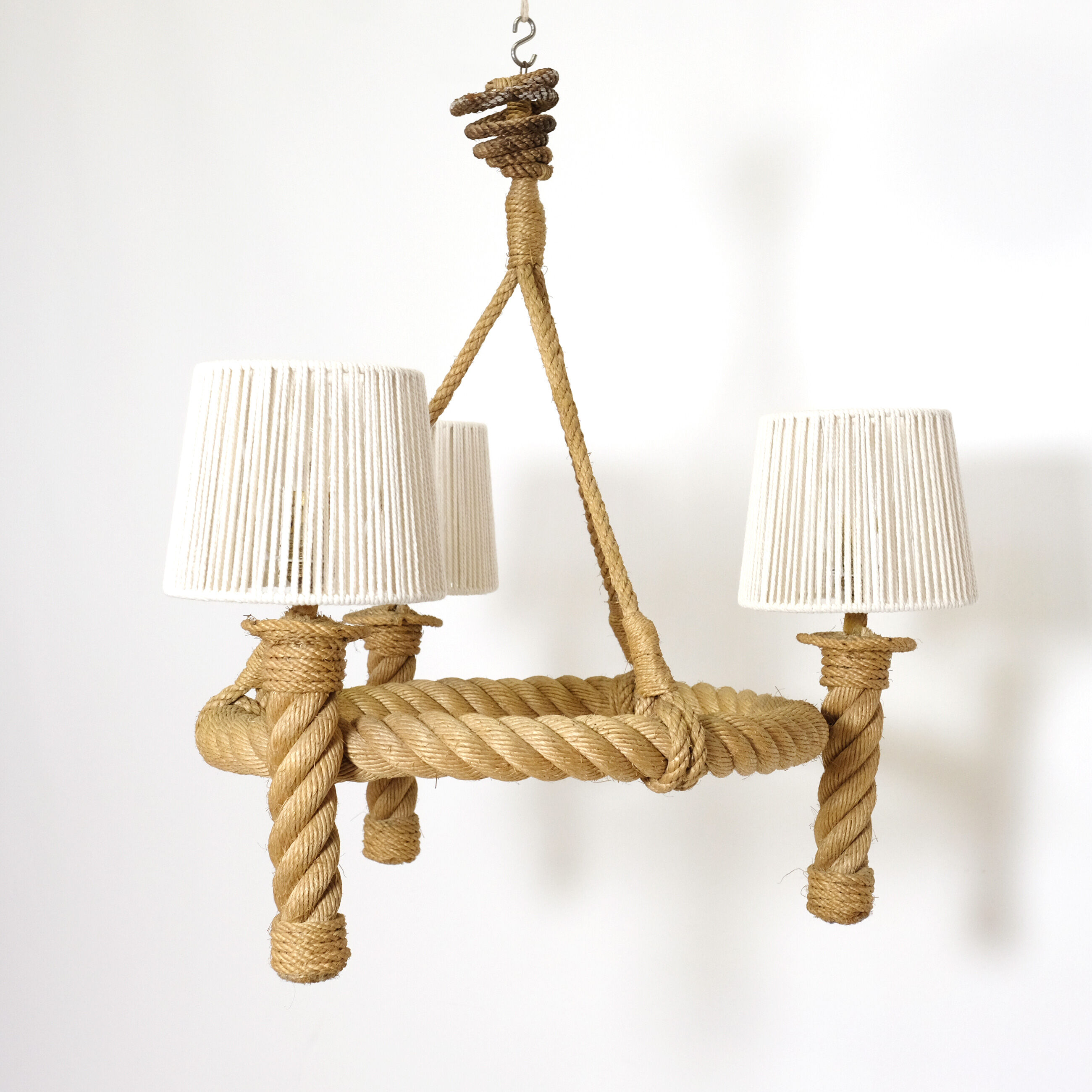 Three-light braided rope pendant light, 1950-1960.