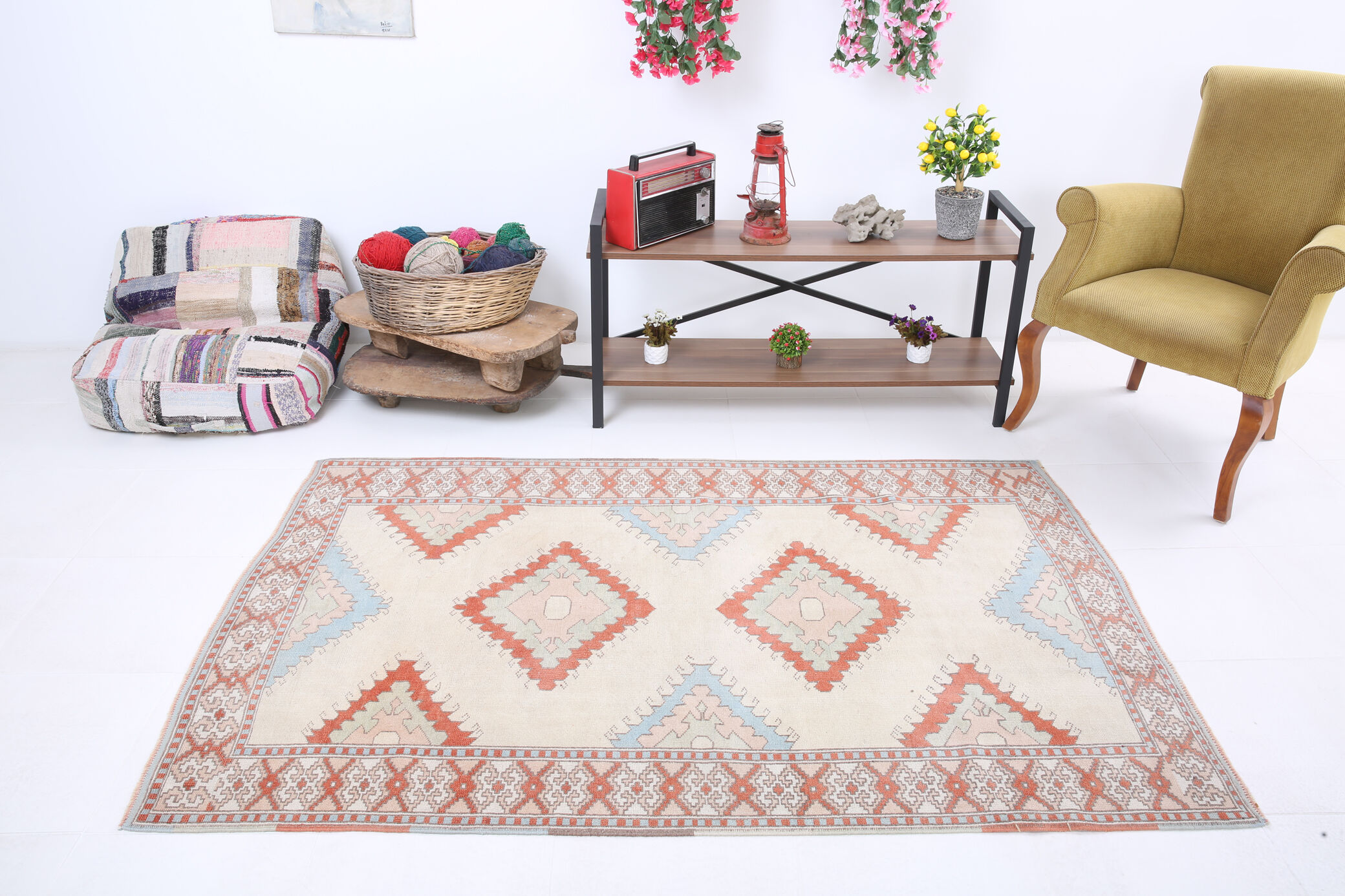 4x6 blue and beige handmade oushak rug