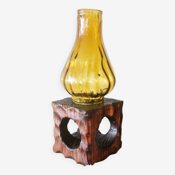 Bougeoir photophore artisanal bois et verre ambré  vintage 60/70