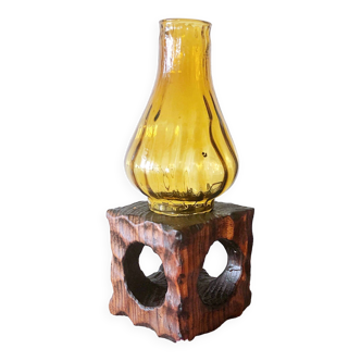 Bougeoir photophore artisanal bois et verre ambré  vintage 60/70