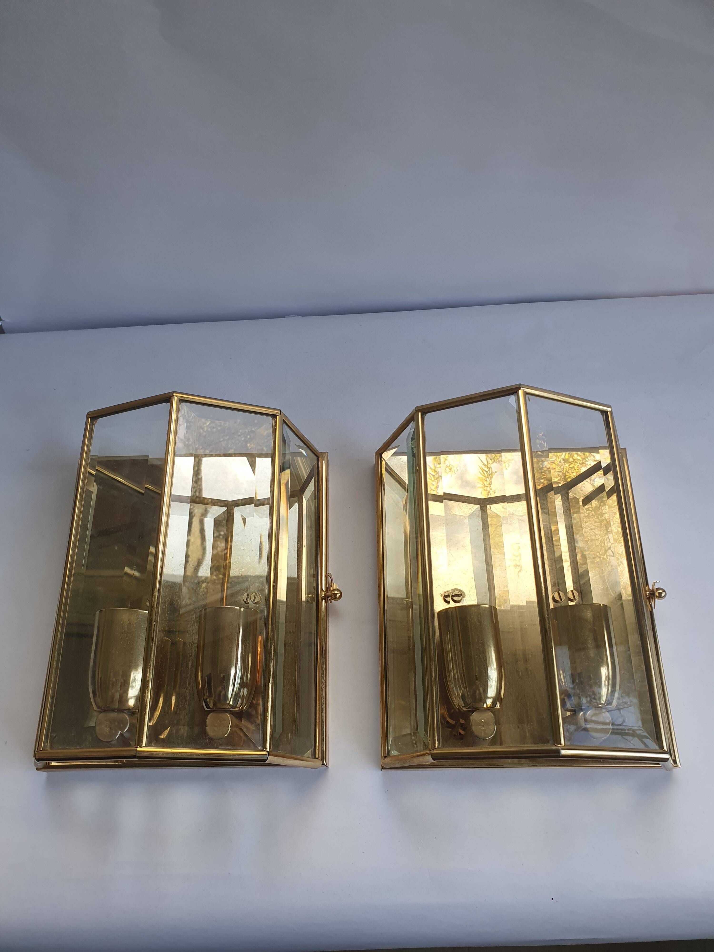 Pair of Italian gold-plated brass wall sconces with beveled glass