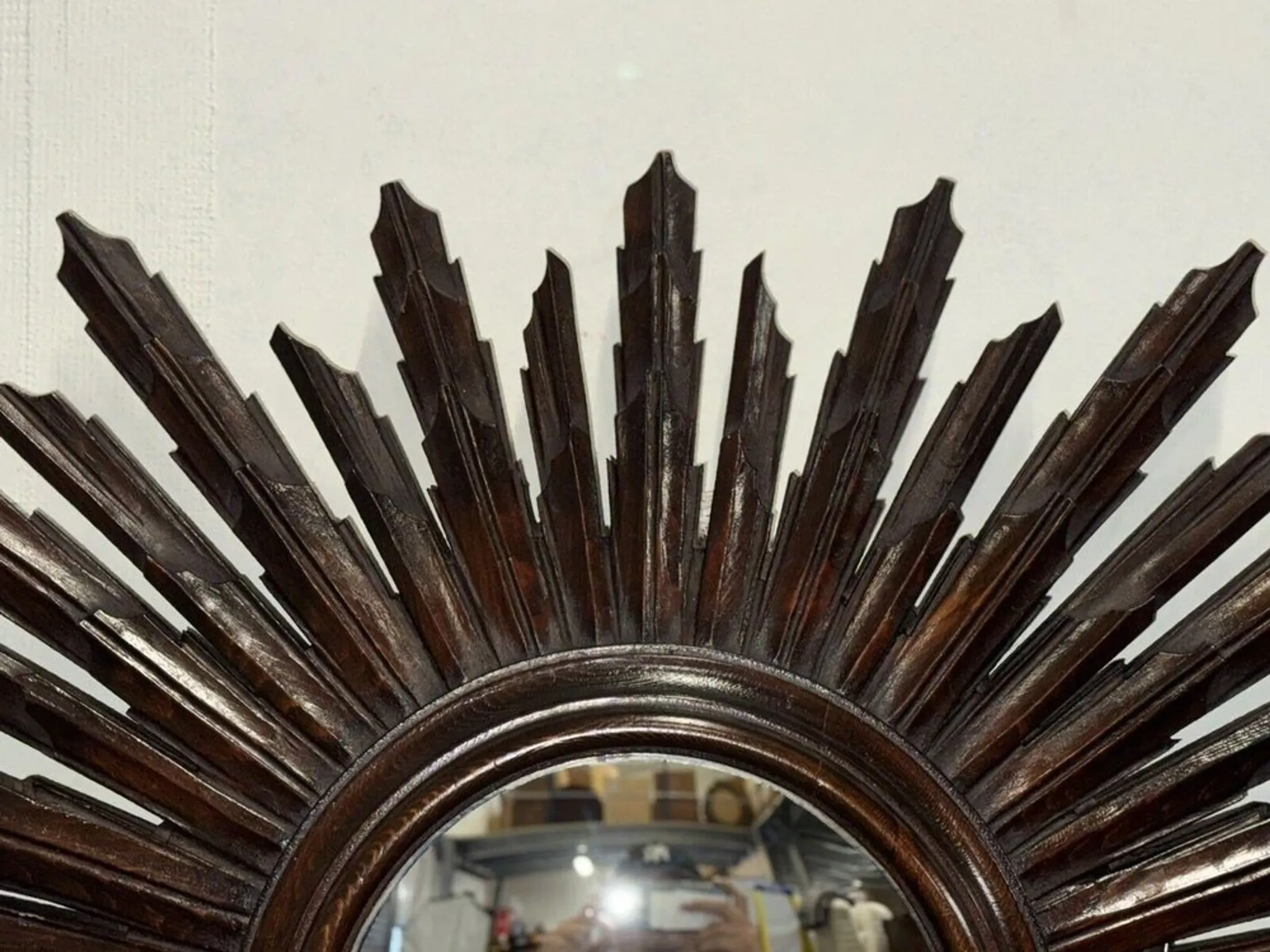 Vintage Brown Wood Convex Wall Mirror Sunburst, Spain, 1940