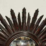 Vintage Brown Wood Convex Wall Mirror Sunburst, Spain, 1940