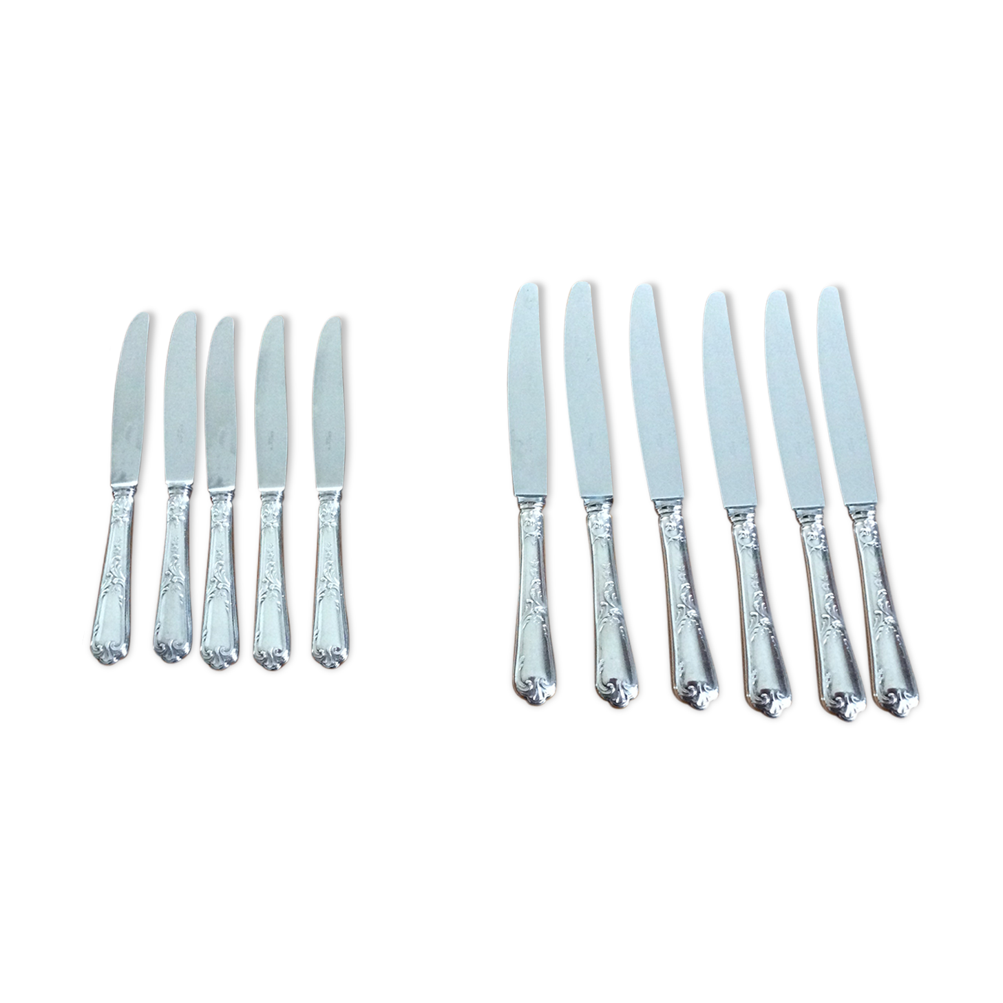 Lot of 6 large knives and 6 small silver metal ercuis