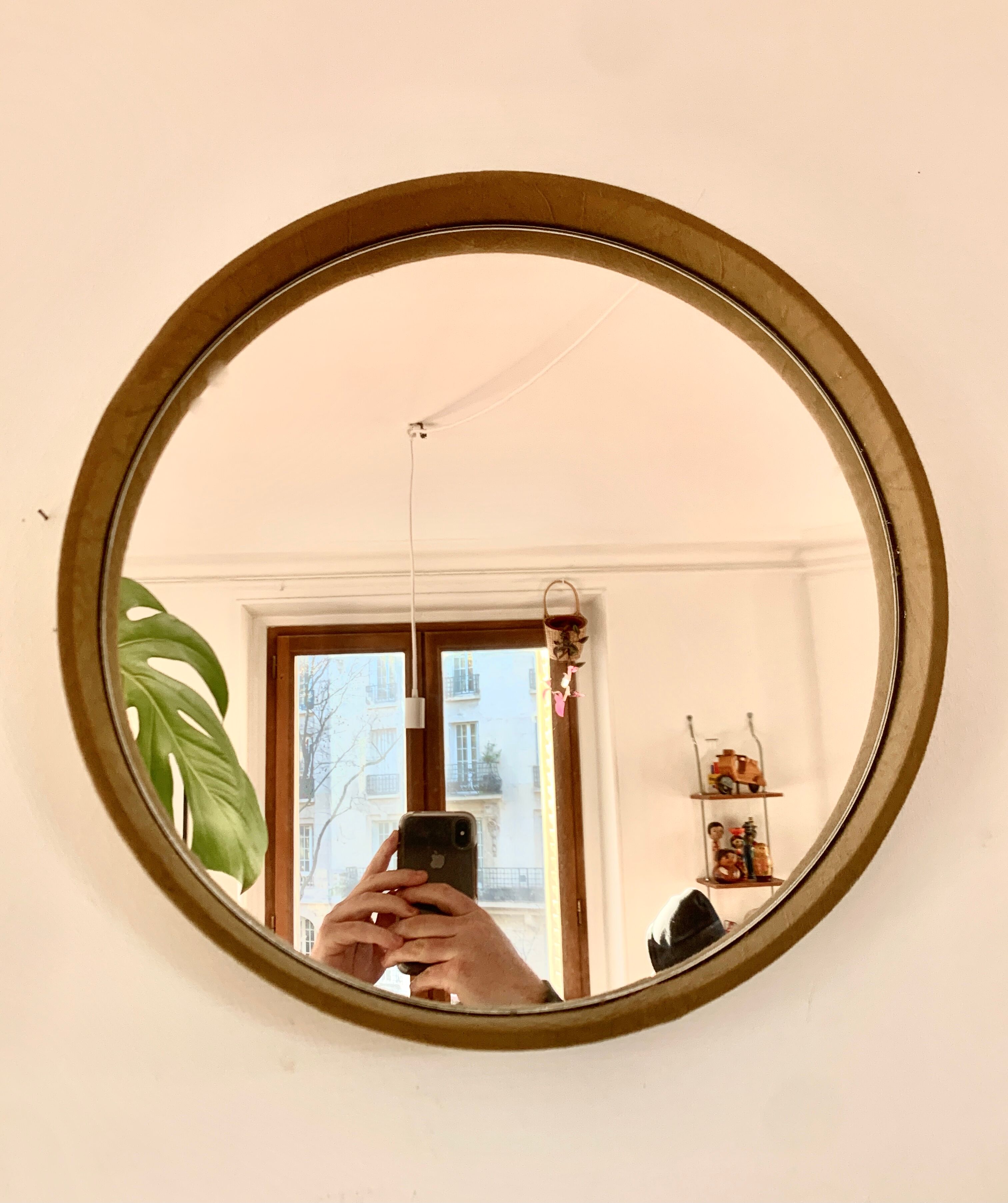 Vintage round mirror 70's fabric and metal