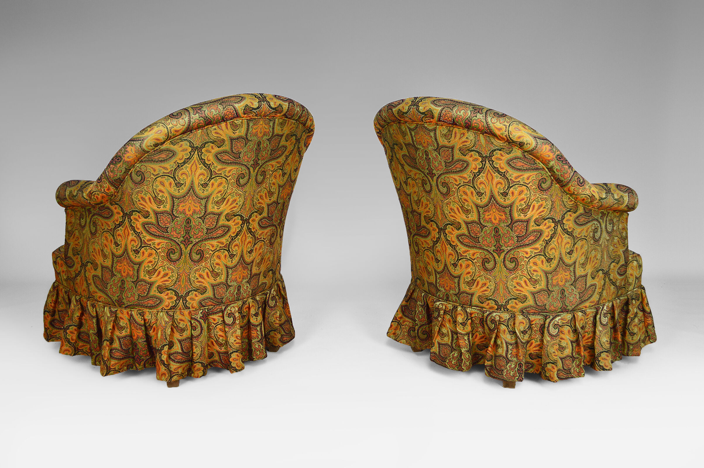 Pair of toad chairs, paisley fabric