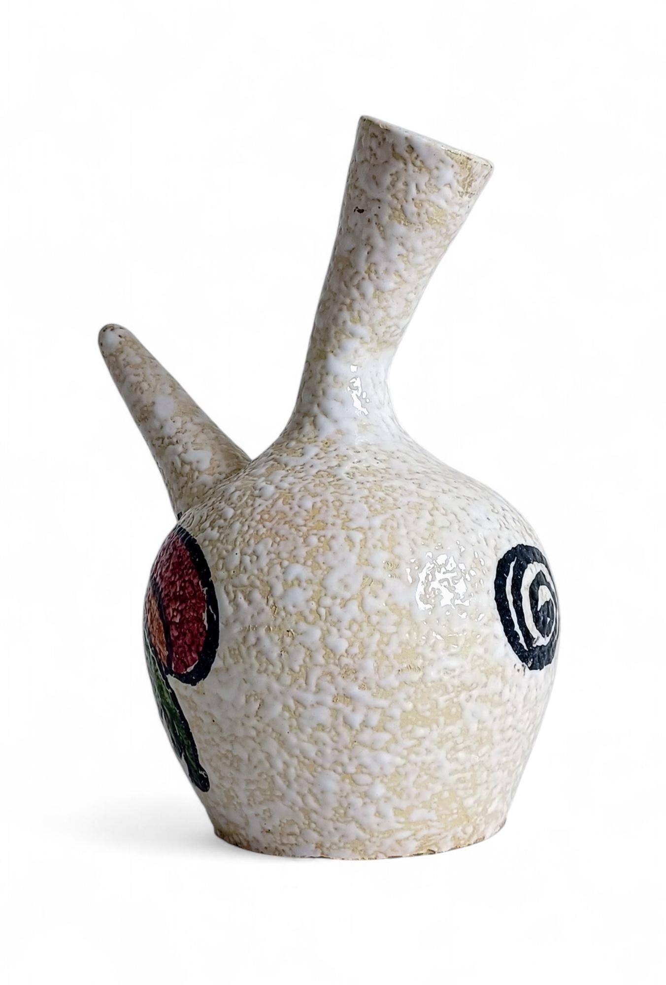 Vintage Spanish Ceramic Porrón, Hand-Painted Rooster, 1960s